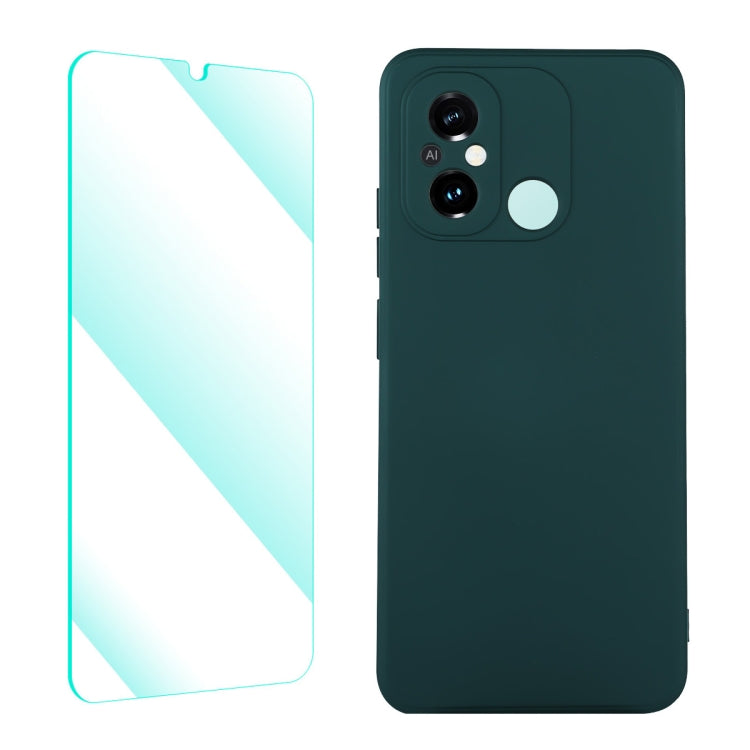 Dark green liquid silicone phone case with tempered film, dual camera cutouts