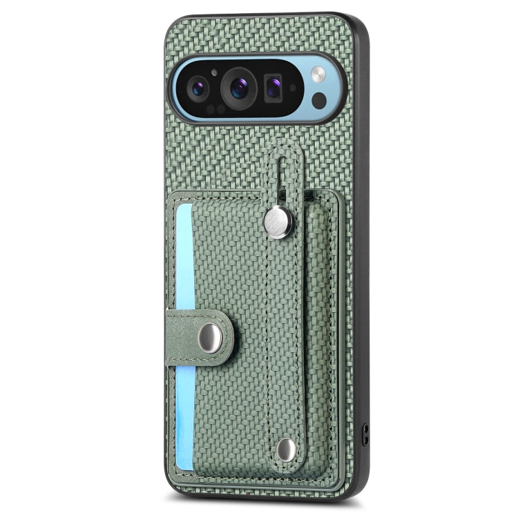 Green woven phone case with card wallet slot and kickstand on back