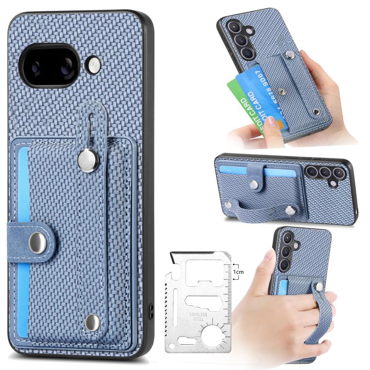 Blue woven card wallet phone case with kickstand, card slot, wrist strap