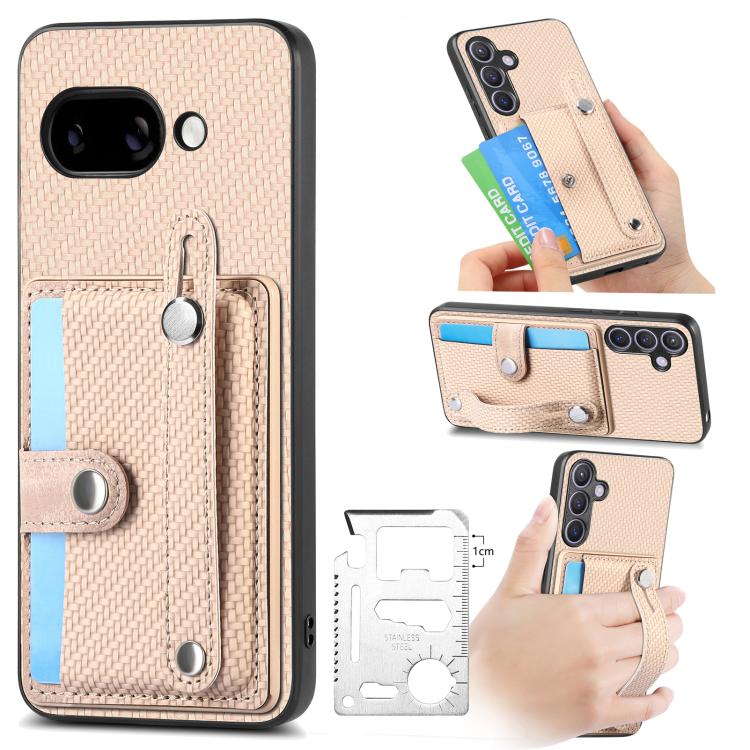 Wristband kickstand card wallet phone case with lanyard, beige woven texture