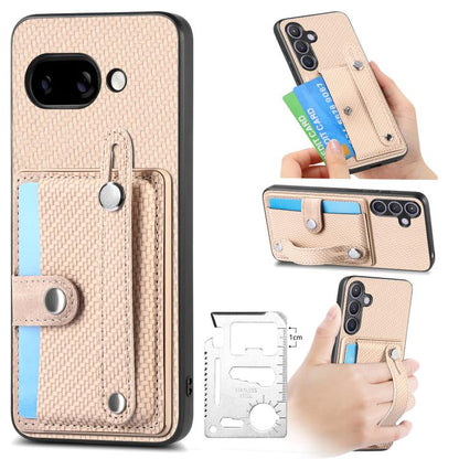 Wristband kickstand card wallet phone case with lanyard, beige woven texture