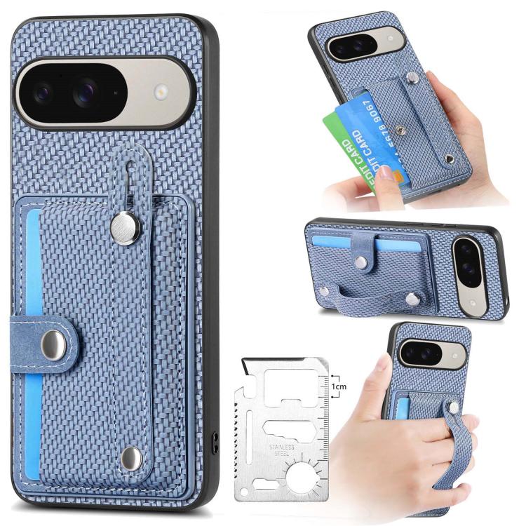 Wristband kickstand card wallet phone case with lanyard, light blue woven fabric