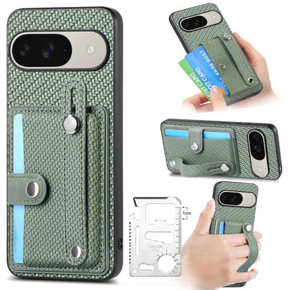 Wristband kickstand card wallet phone case with lanyard, dark green woven fabric