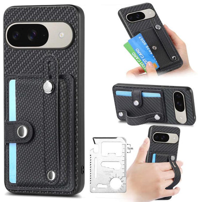 Black woven phone case with card wallet, kickstand, wrist strap, and tool knife holder