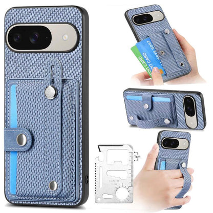 Blue woven phone case with card wallet, kickstand, wrist strap, and tool knife holder
