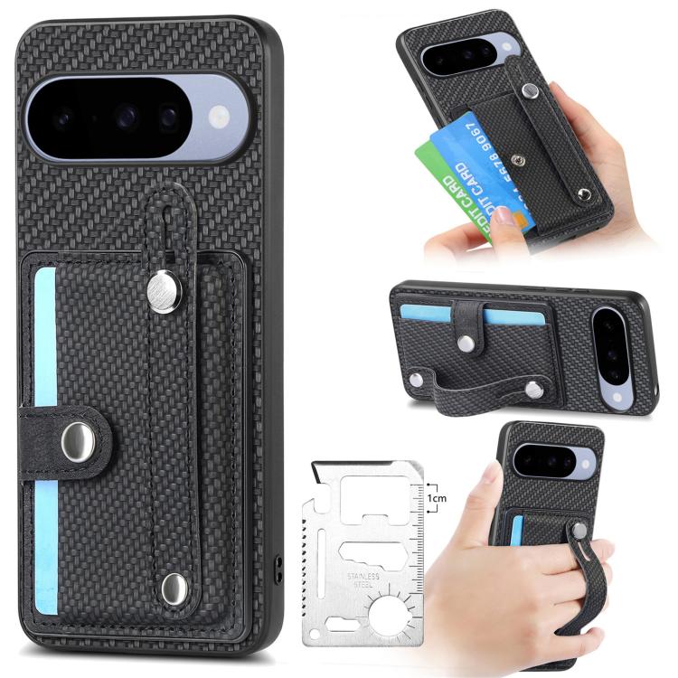 Phone case with card pocket and folding kickstand, textured dark fabric, multi-tool accessory.