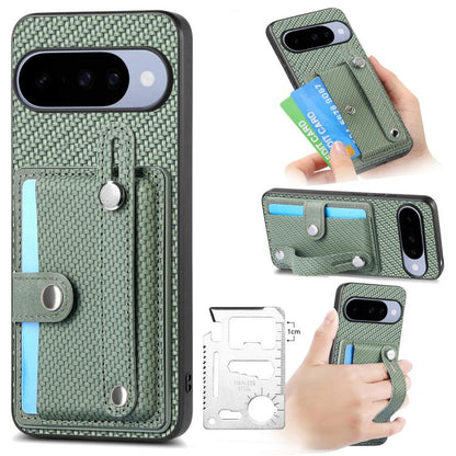 Green woven phone case with card wallet, kickstand, wrist strap, and tool knife holder