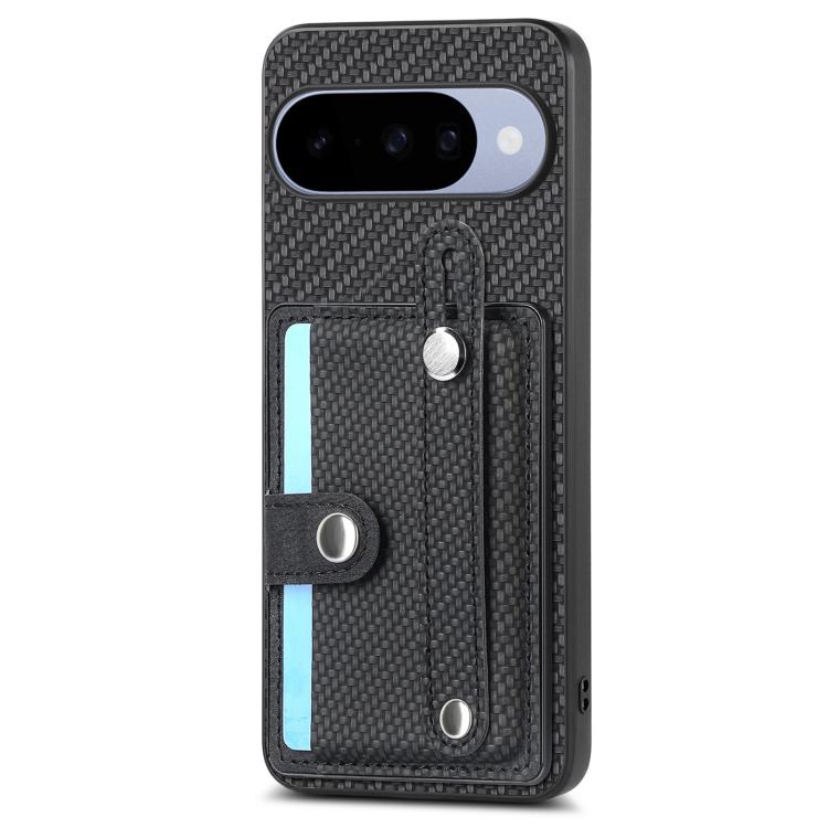 Phone case with card pocket and wrist-strap loop, textured dark fabric, metal accents.