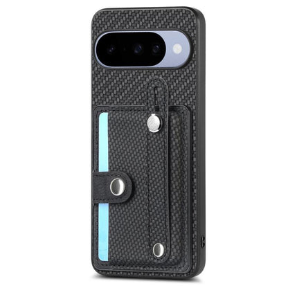 Phone case with card pocket and wrist-strap loop, textured dark fabric, metal accents.