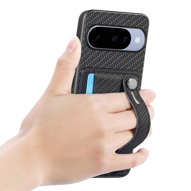 Phone case with card pocket and wrist strap, textured dark fabric, metal button accents.