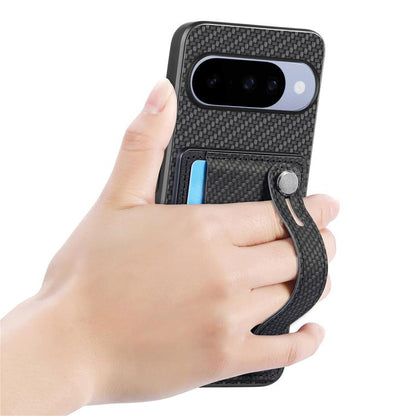 Phone case with card pocket and wrist strap, textured dark fabric, metal button accents.
