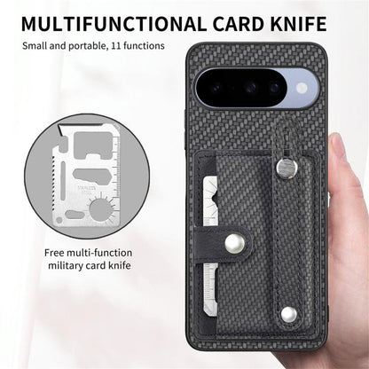 Phone case with card pocket and built-in multi-tool, textured dark fabric, metal accents.