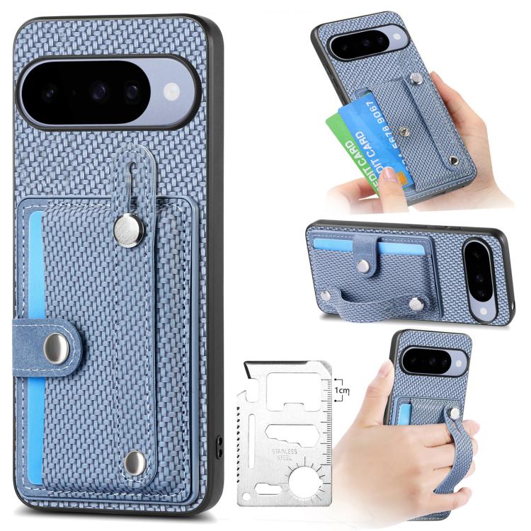 Phone case with card pocket and folding kickstand, textured light blue fabric, metal accents.