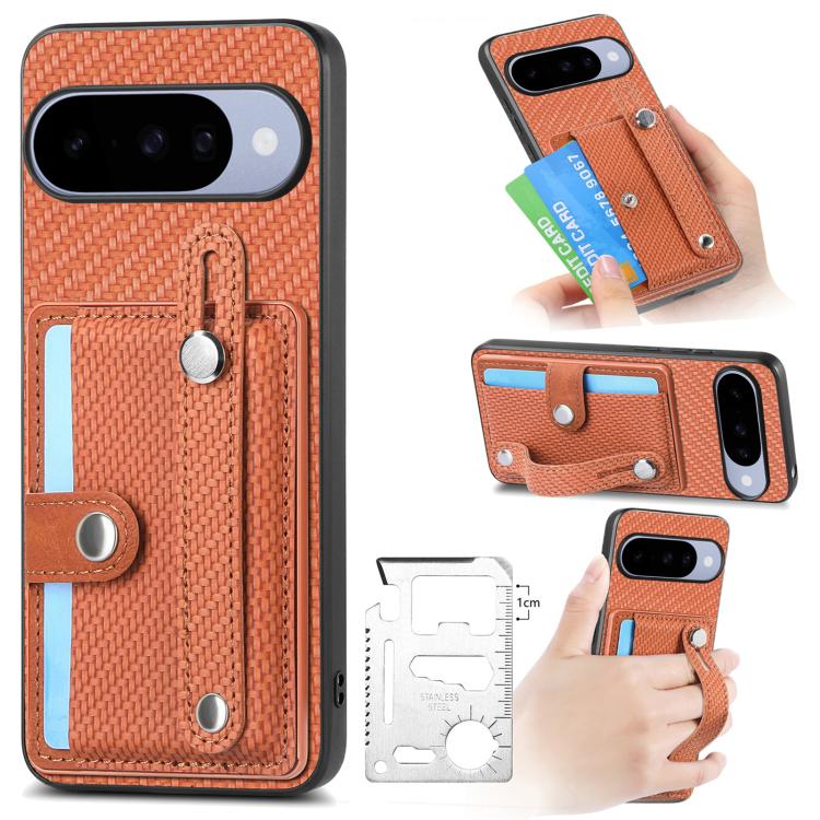 Phone case with card pocket and folding kickstand, textured orange fabric, metal accents.