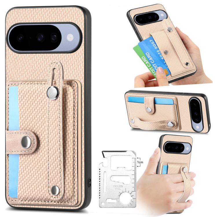 Phone case with card pocket and folding kickstand, textured beige fabric, metal accents.