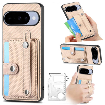 Phone case with card pocket and folding kickstand, textured beige fabric, metal accents.