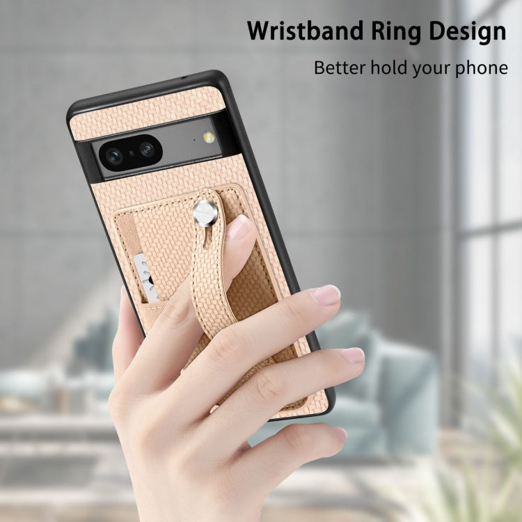 Beige woven card wallet phone case with ring wristband and kickstand tool slot