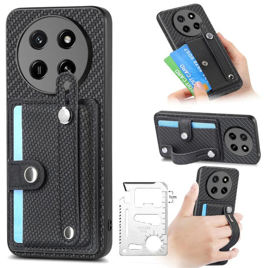 Black textured phone case with card holder, kickstand, and wrist strap