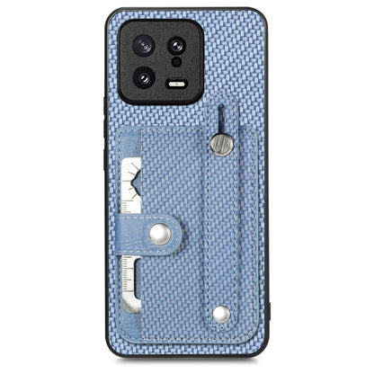 Blue woven phone case with card holder and metal tool loop, back view.