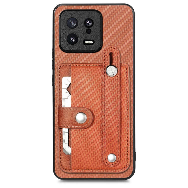 Brown woven phone case with card holder and metal tool loop, back view.