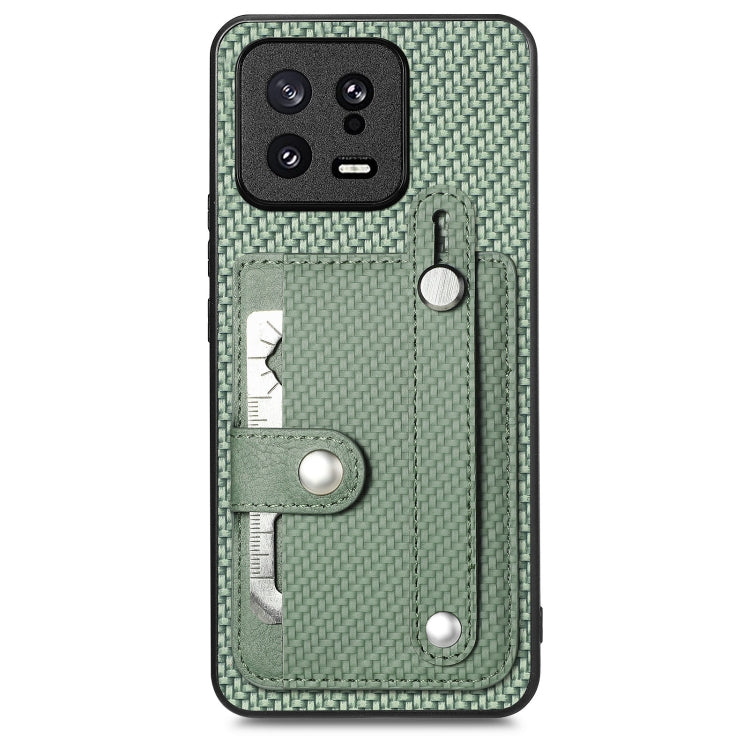 Green woven phone case with card holder and metal tool loop, back view.