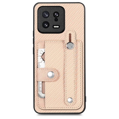 Beige woven phone case with card holder and metal tool loop, back view.