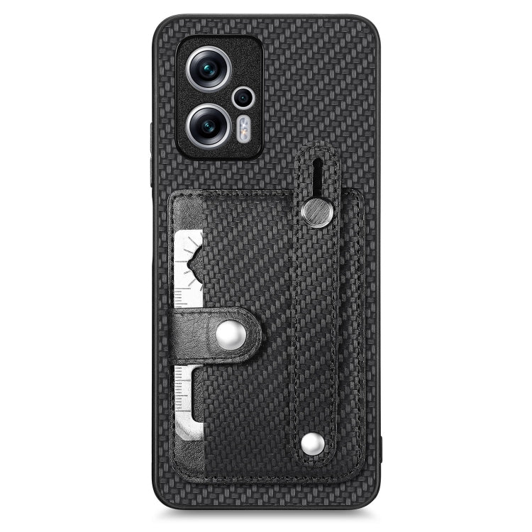 Black woven phone case with wrist ring, card wallet, kickstand, and tool slot