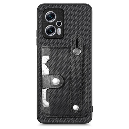 Black woven phone case with wrist ring, card wallet, kickstand, and tool slot