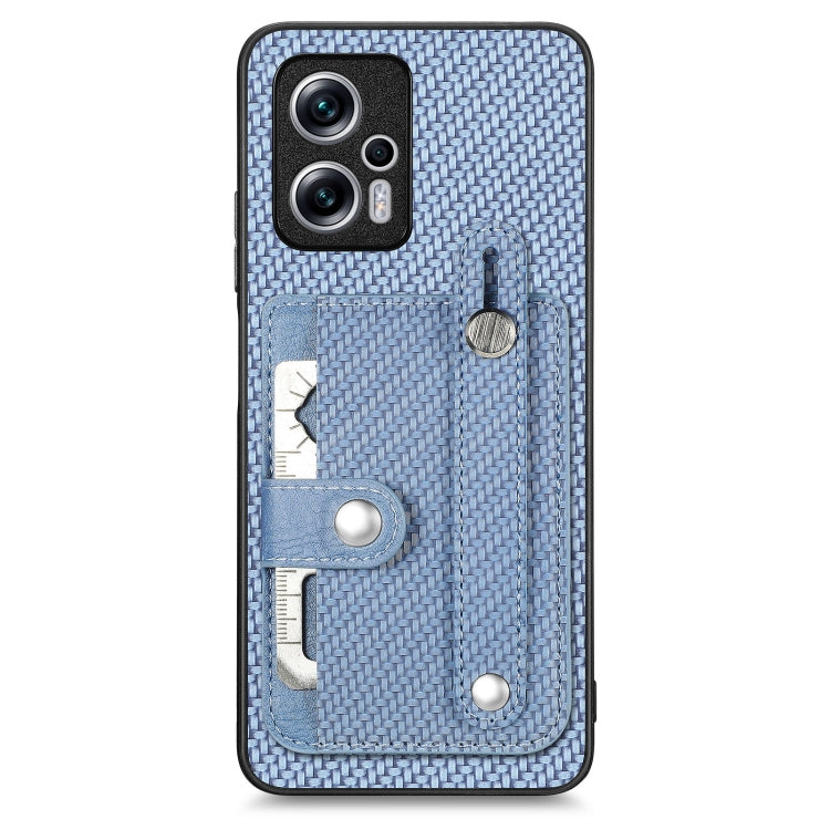 Light blue woven phone case with wrist ring, card wallet, kickstand, and tool slot