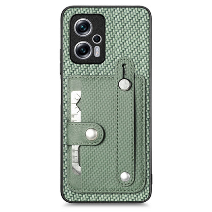 Olive green woven phone case with wrist ring, card wallet, kickstand, and tool slot