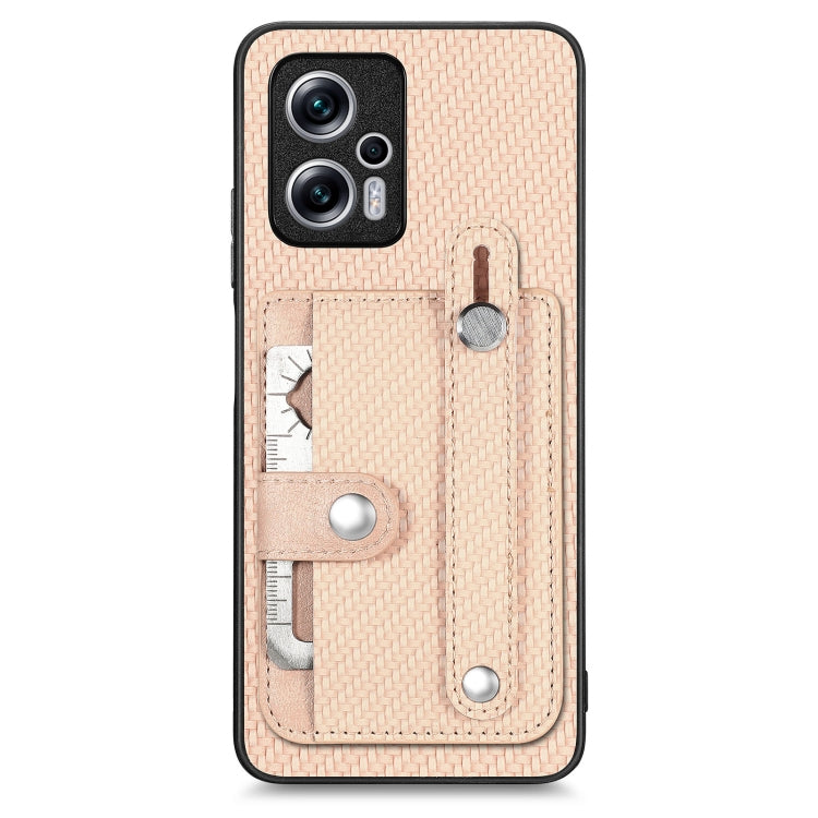 Beige woven phone case with wrist ring, card wallet, kickstand, and tool slot