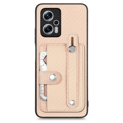 Beige woven phone case with wrist ring, card wallet, kickstand, and tool slot