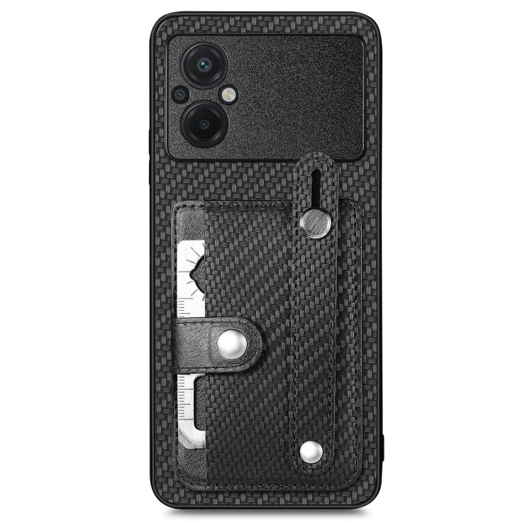 Black woven phone case with card holder and metal tool loop, back view.