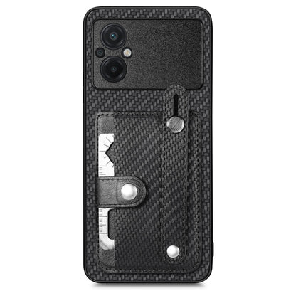 Black woven phone case with card holder and metal tool loop, back view.