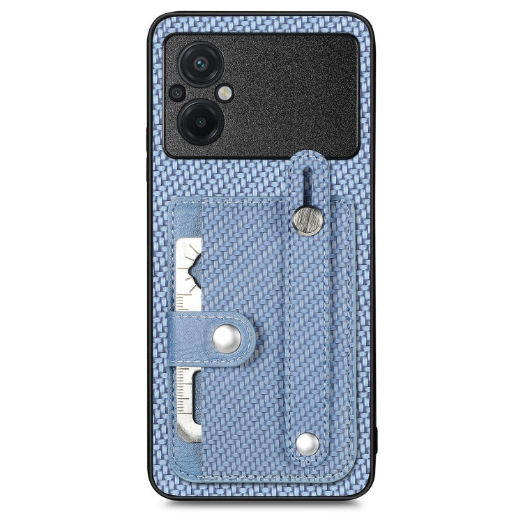 Light blue woven phone case with card holder and metal tool loop, back view.