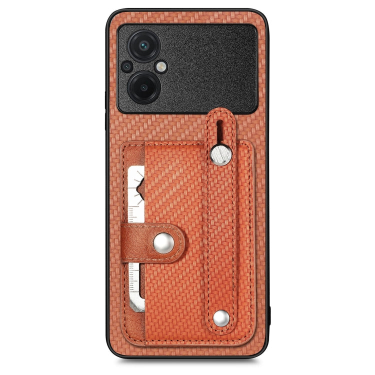 Orange woven phone case with card holder and metal tool loop, back view.