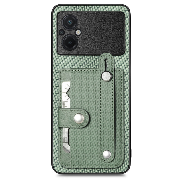 Olive green woven phone case with card holder and metal tool loop, back view.