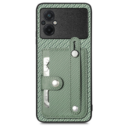 Olive green woven phone case with card holder and metal tool loop, back view.
