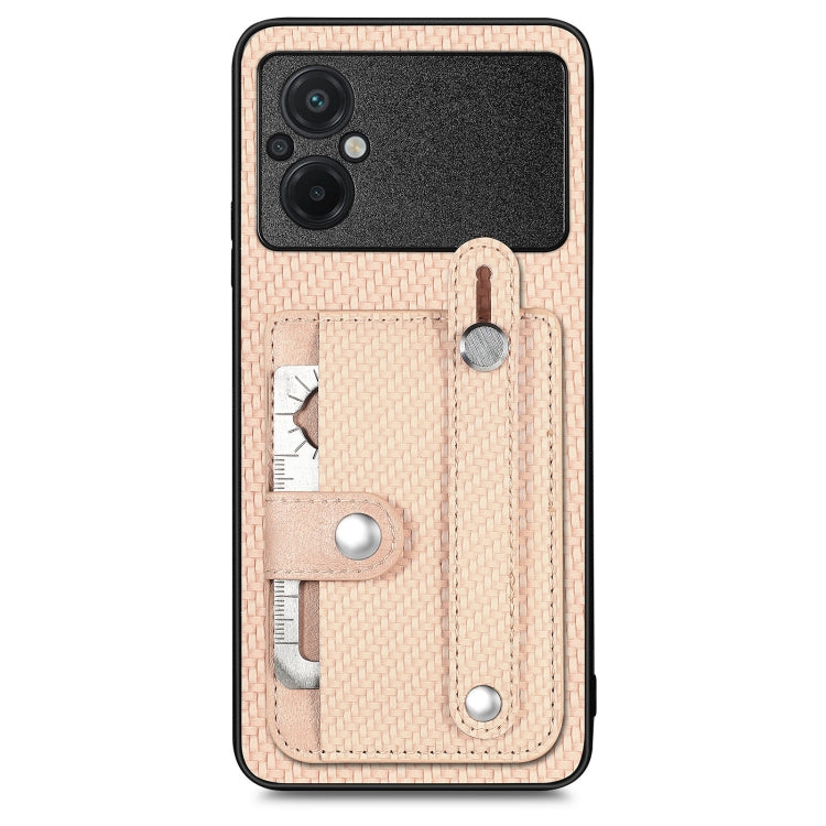 Rose beige woven phone case with card holder and metal tool loop, back view.