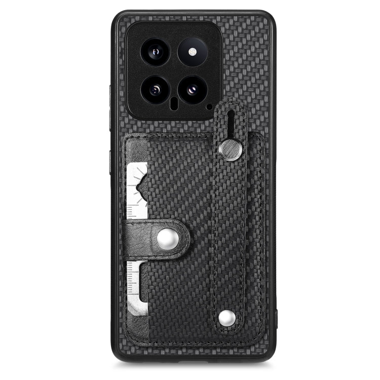 Woven fabric phone case wallet with wrist strap, card slots, and metal kickstand tab in dark gray