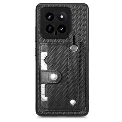 Woven fabric phone case wallet with wrist strap, card slots, and metal kickstand tab in dark gray