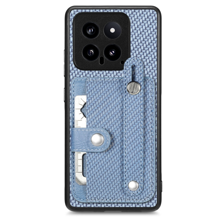 Woven fabric phone case wallet with wrist strap, card slots, and metal kickstand tab in light blue