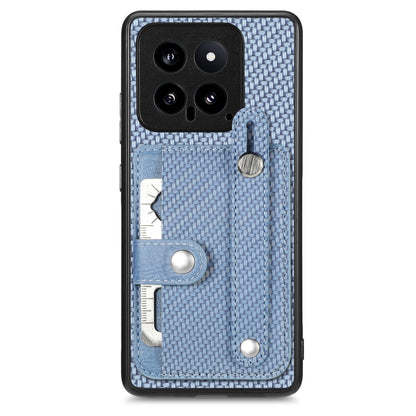 Woven fabric phone case wallet with wrist strap, card slots, and metal kickstand tab in light blue