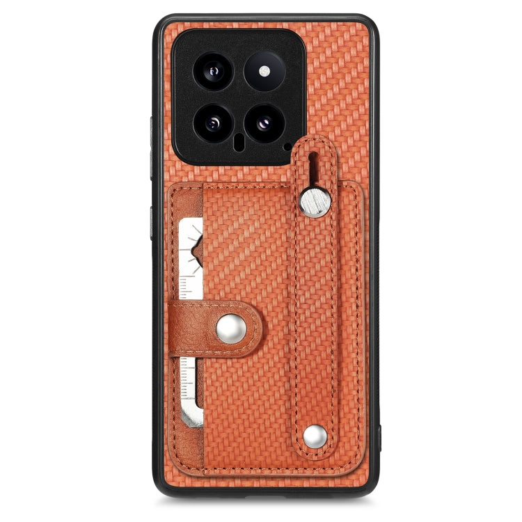 Woven fabric phone case wallet with wrist strap, card slots, and metal kickstand tab in orange-brown