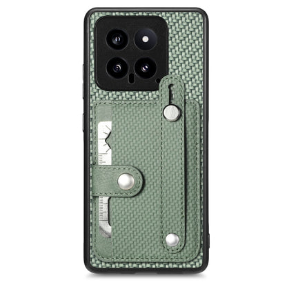 Woven fabric phone case wallet with wrist strap, card slots, and metal kickstand tab in sage green