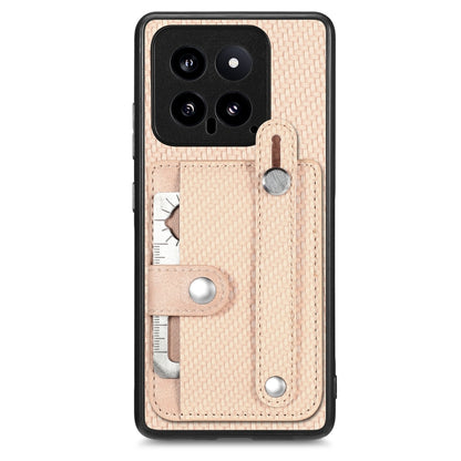 Woven fabric phone case wallet with wrist strap, card slots, and metal kickstand tab in light beige