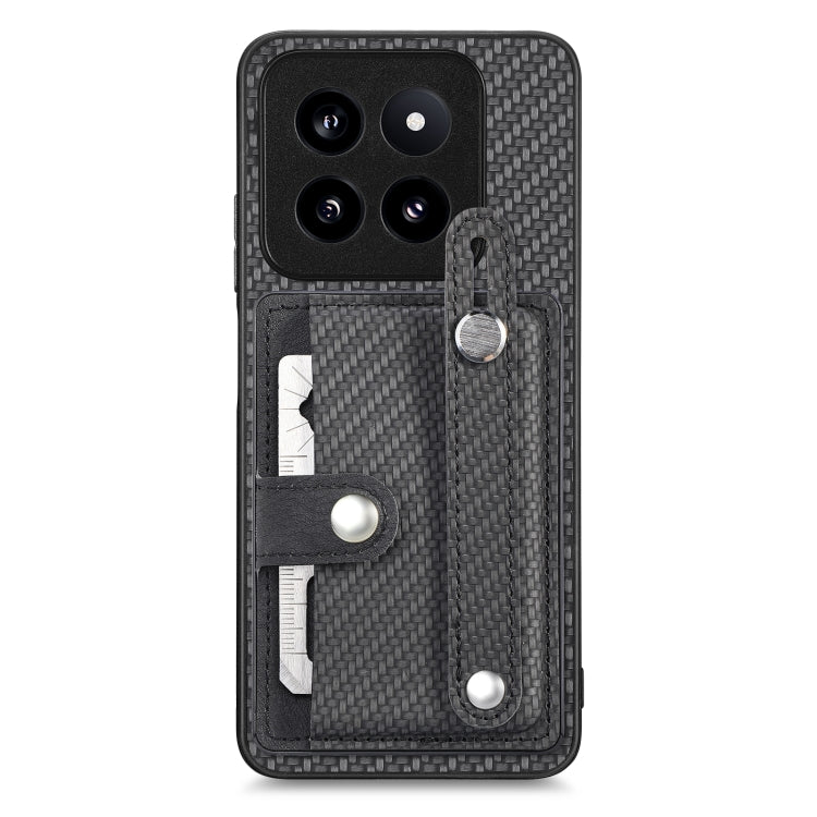 Black fabric card wallet phone case with wrist strap, kickstand, and tool pocket
