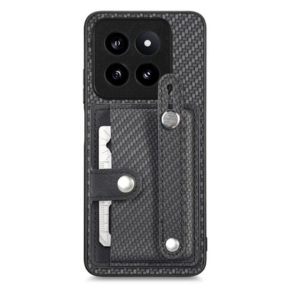 Black fabric card wallet phone case with wrist strap, kickstand, and tool pocket