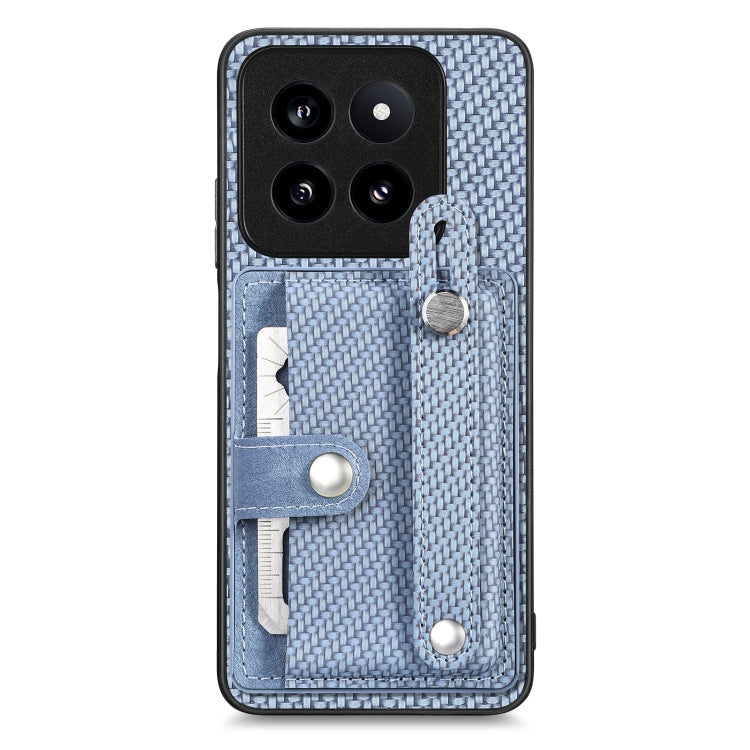 Woven fabric phone case wallet with wrist strap, card slots, and metal kickstand tab
