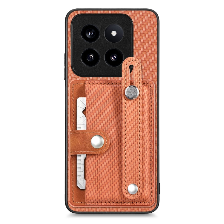 Woven fabric phone case wallet with wrist strap, card slots, and metal kickstand tab in brown